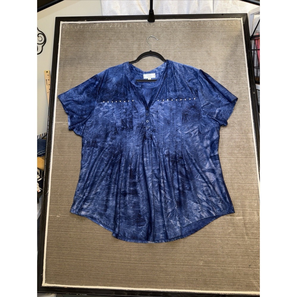 SHANNON FORD NEW YORK Top Women 3X Plus Blue Floral Tie Dye Short Sleeve Stretch